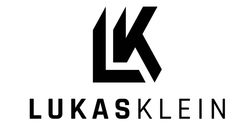 Black logo with bold, stylized letters LK above the name LUKAS KLEIN in uppercase, modern sans-serif font on a light background, reflecting the sleek design aesthetic of Lukas Klein Norway.
